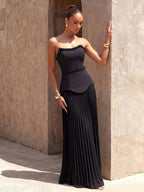 Black A-Line Strapless Pleated Beaded Floor-Length Prom Dress