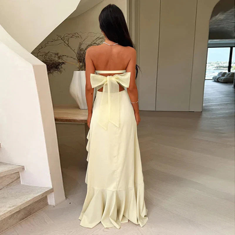 Yellow A-Line Strapless Ruffled Slit Pale Floor-Length Prom Dress Hot Sale