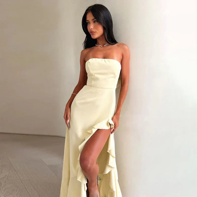 Yellow A-Line Strapless Ruffled Slit Pale Floor-Length Prom Dress Hot Sale