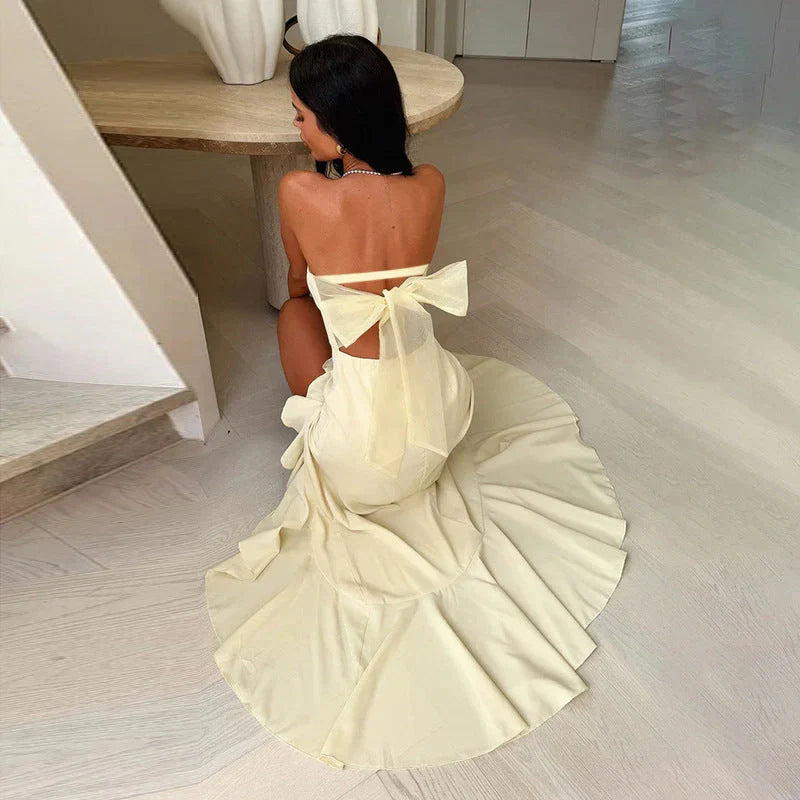 Yellow A-Line Strapless Ruffled Slit Pale Floor-Length Prom Dress Hot Sale