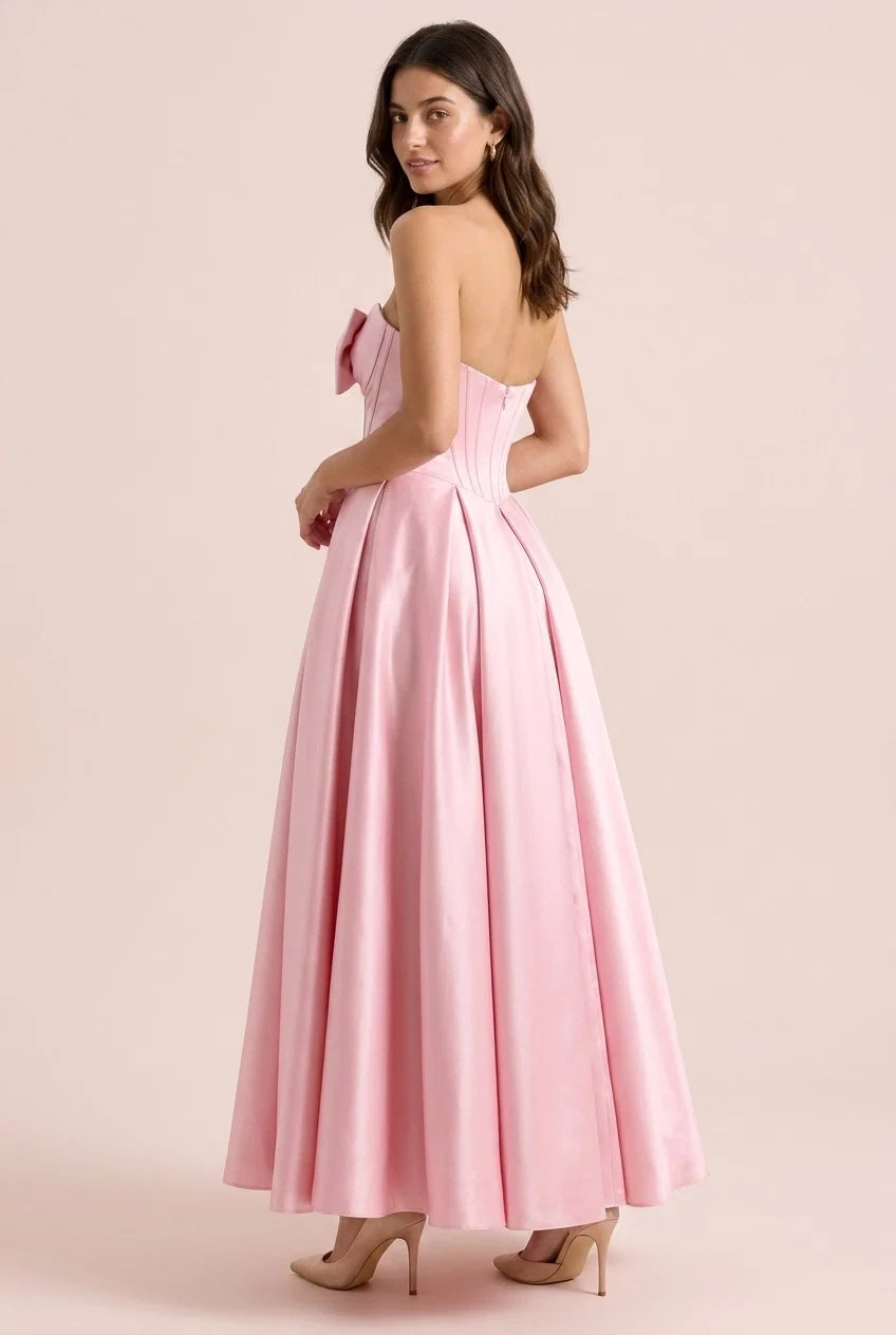 Blush Pink A-Line Strapless Sweetheart Corset Pleated Blush Floor-Length Prom Dress