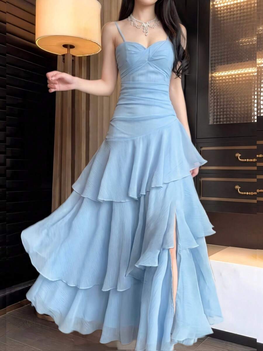 Sky Blue A-Line Sweetheart Tiered Ruffle High Slit Sky Floor-Length Prom Dress