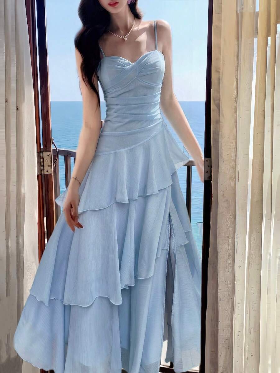 Sky Blue A-Line Sweetheart Tiered Ruffle High Slit Sky Floor-Length Prom Dress