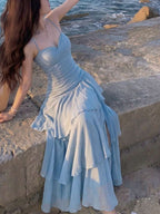 Sky Blue A-Line Sweetheart Tiered Ruffle High Slit Sky Floor-Length Prom Dress