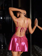 A-Line V-Neck Backless Tie Ruffle Trim Fuchsia Mini Homecoming Dresses