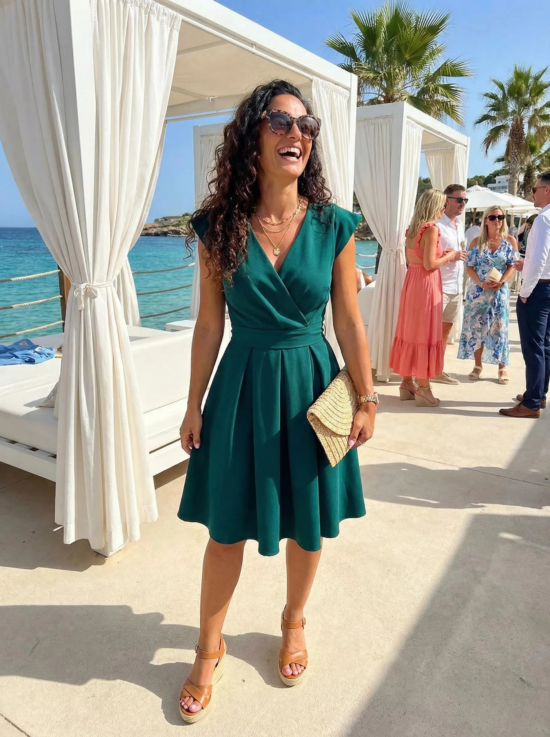 Green A-Line V-Neck Cap Sleeve Wrap Bodice Emerald Midi Homecoming Dress