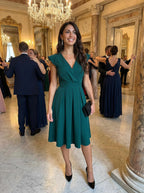 Green A-Line V-Neck Cap Sleeve Wrap Bodice Emerald Midi Homecoming Dress