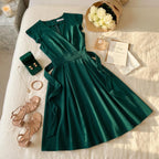 Green A-Line V-Neck Cap Sleeve Wrap Bodice Emerald Midi Homecoming Dress