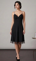 Black A-Line V-Neck Rhinestone Chain Straps Ruched Knee-Length Homecoming Dress