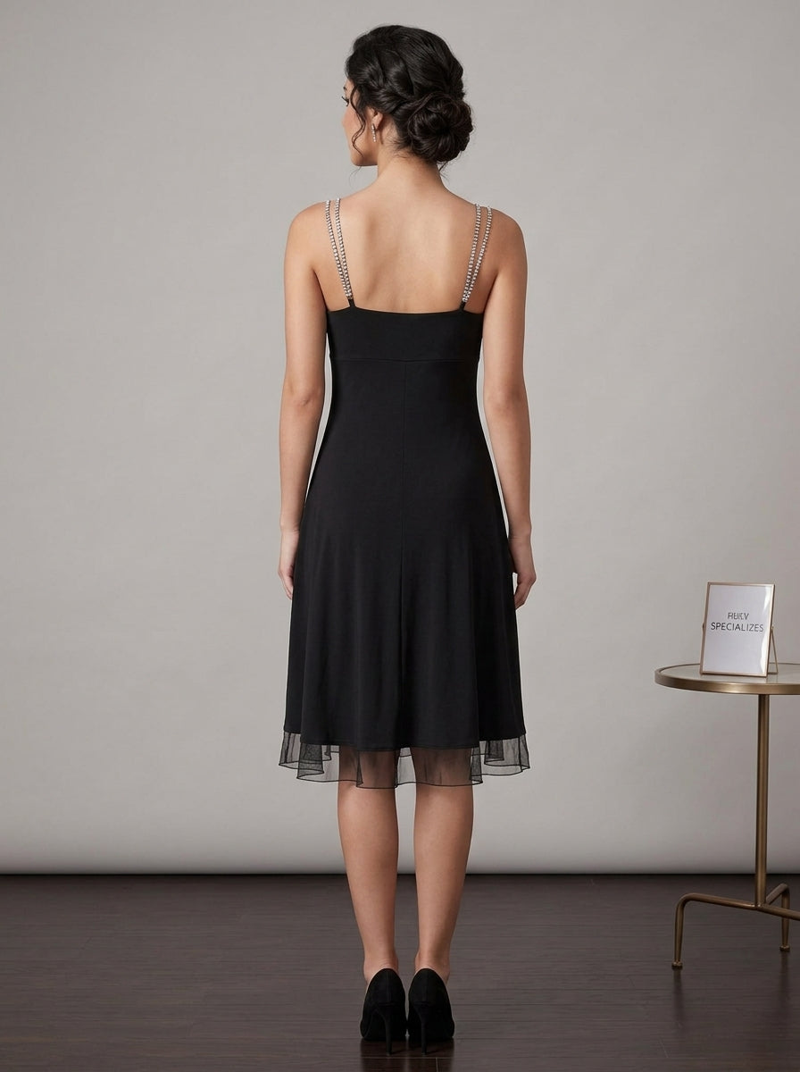 Black A-Line V-Neck Rhinestone Chain Straps Ruched Knee-Length Homecoming Dress