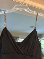 Black A-Line V-Neck Rhinestone Chain Straps Ruched Knee-Length Homecoming Dress