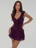 Purple A-Line V-Neck Tie Ruffle Ruched Purple Mini Homecoming Dress