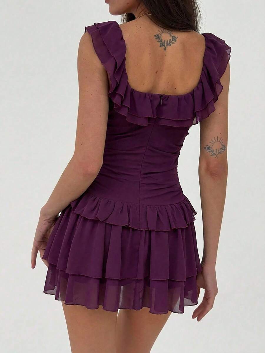 Purple A-Line V-Neck Tie Ruffle Ruched Purple Mini Homecoming Dress