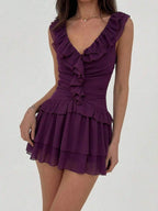 Purple A-Line V-Neck Tie Ruffle Ruched Purple Mini Homecoming Dress
