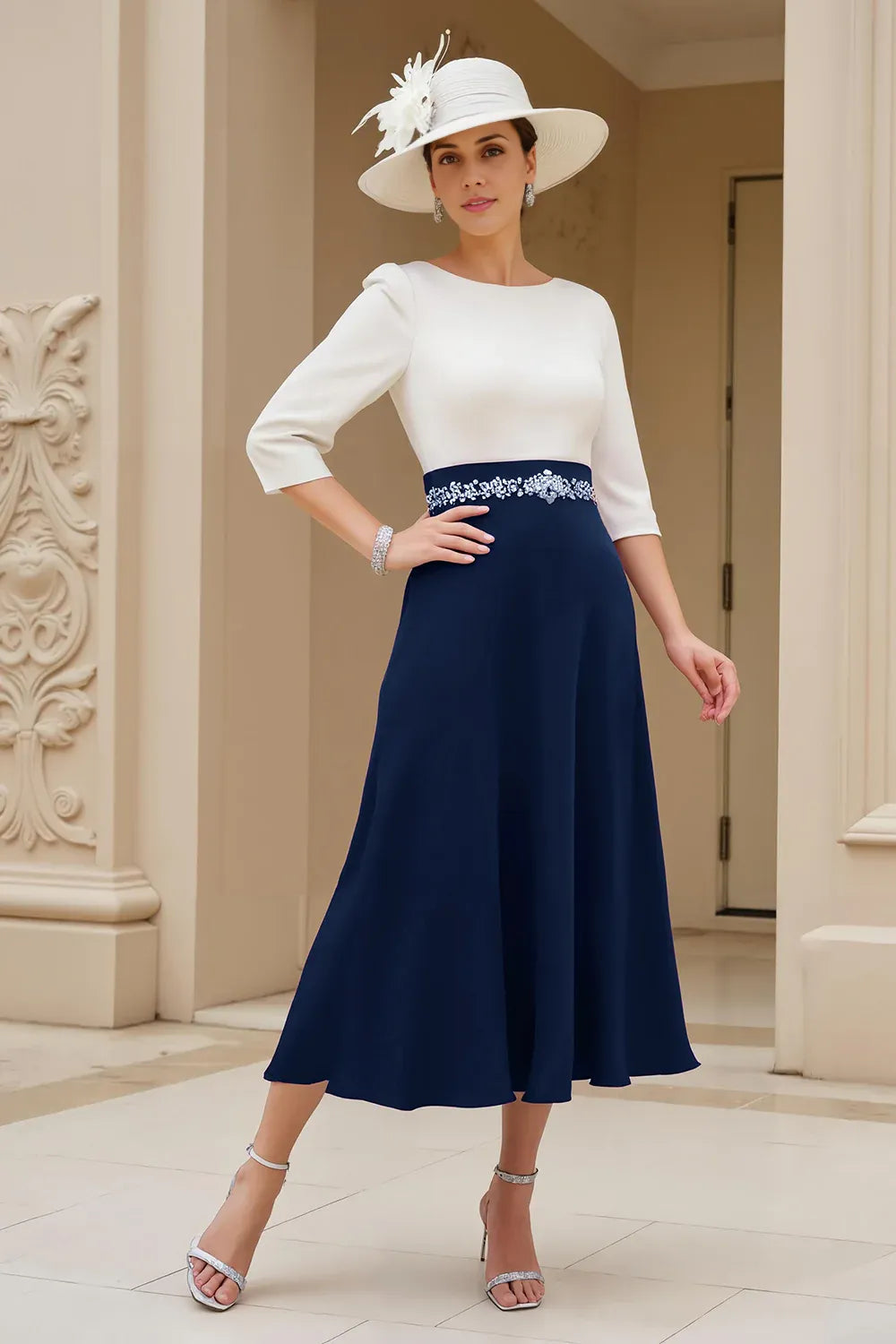 A Line Boat Neck Long Sleeve Scoop Back Tea-Length Mother of the Bride Dress