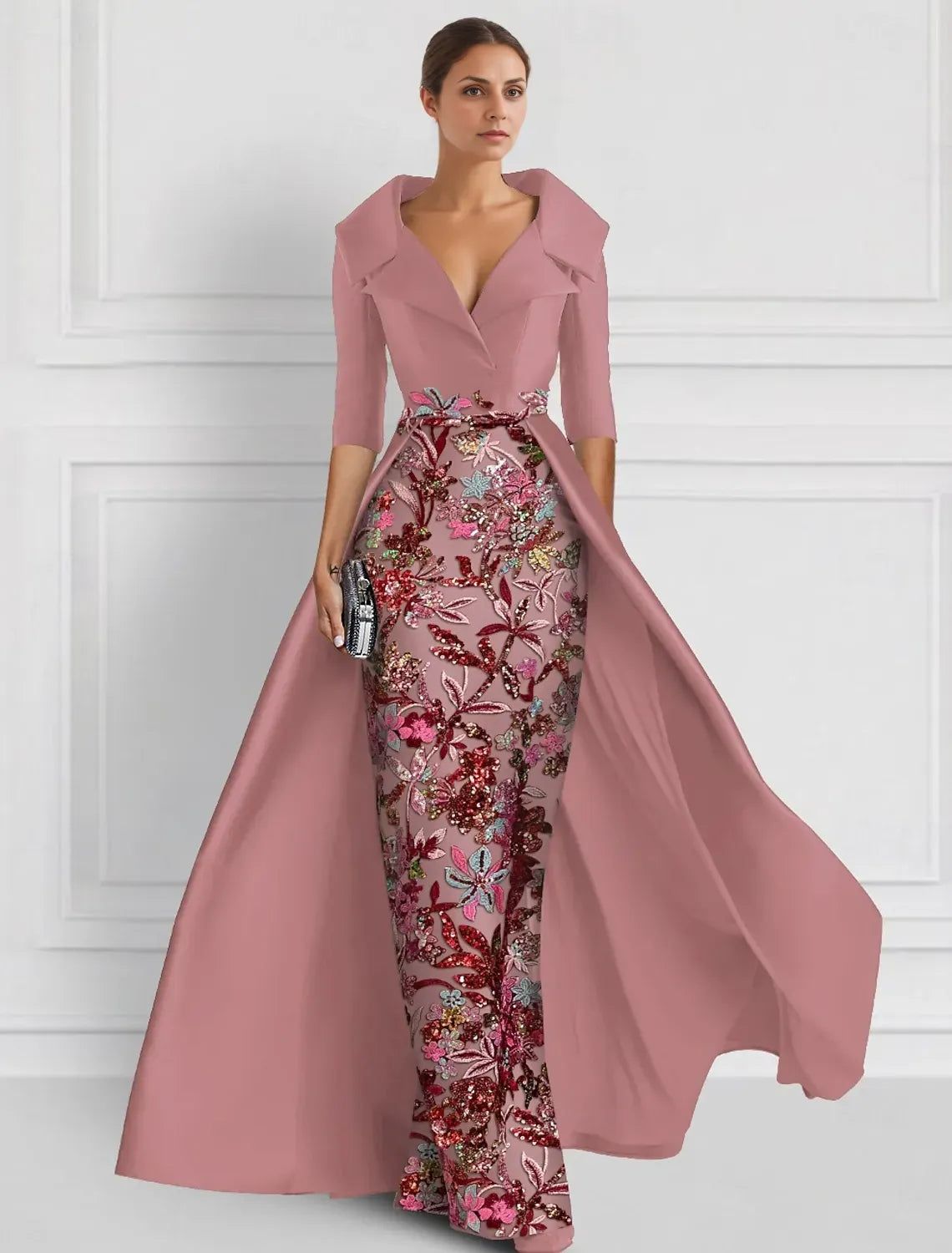 Ball Gown Half Sleeve Shirt Collar Slit Floor-Length Mother Of The Bride Dress
