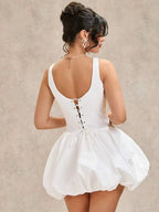 White Boat Neck Backless Mini Bubble Homecoming Dress With Bubble Hem