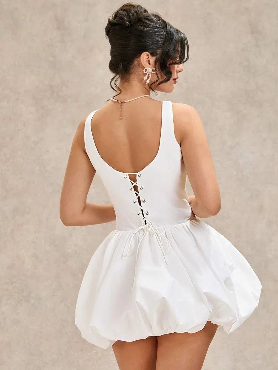 White Boat Neck Backless Mini Bubble Homecoming Dress With Bubble Hem