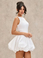 White Boat Neck Backless Mini Bubble Homecoming Dress With Bubble Hem