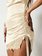 Cream Bodycon Cowl Neck Ruched Trim Mini Homecoming Dress