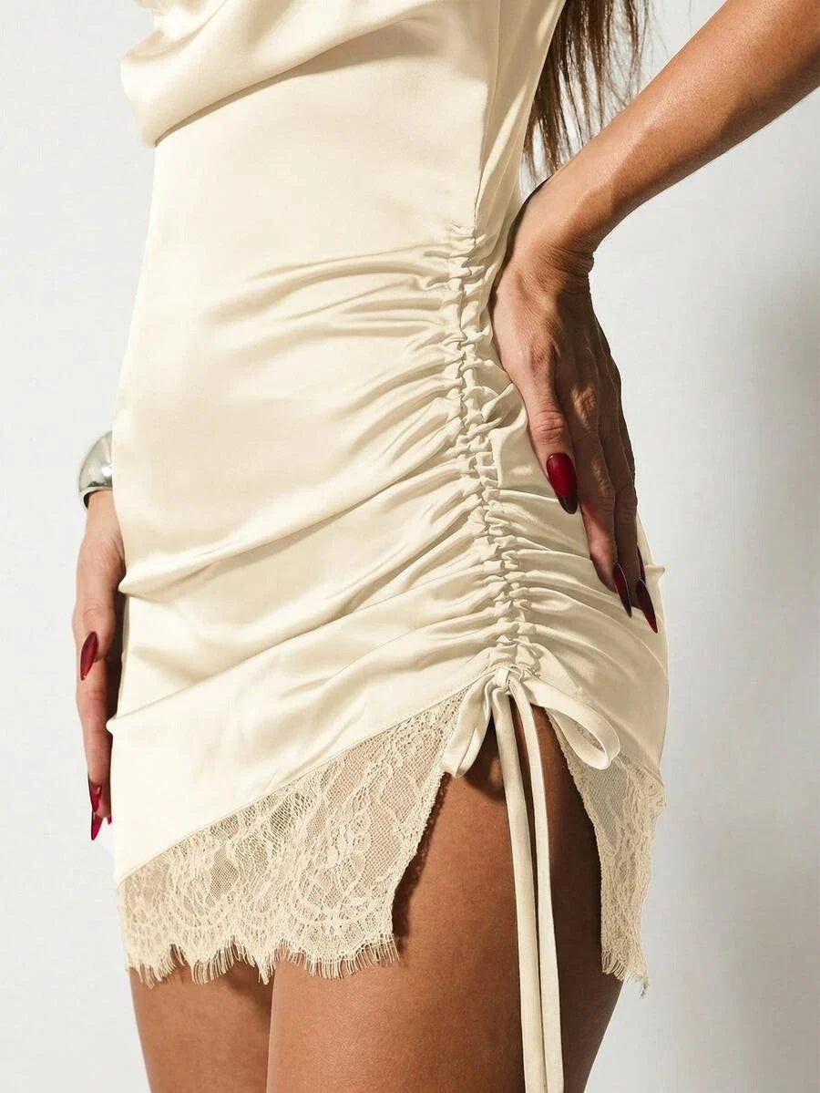 Cream Bodycon Cowl Neck Ruched Trim Mini Homecoming Dress