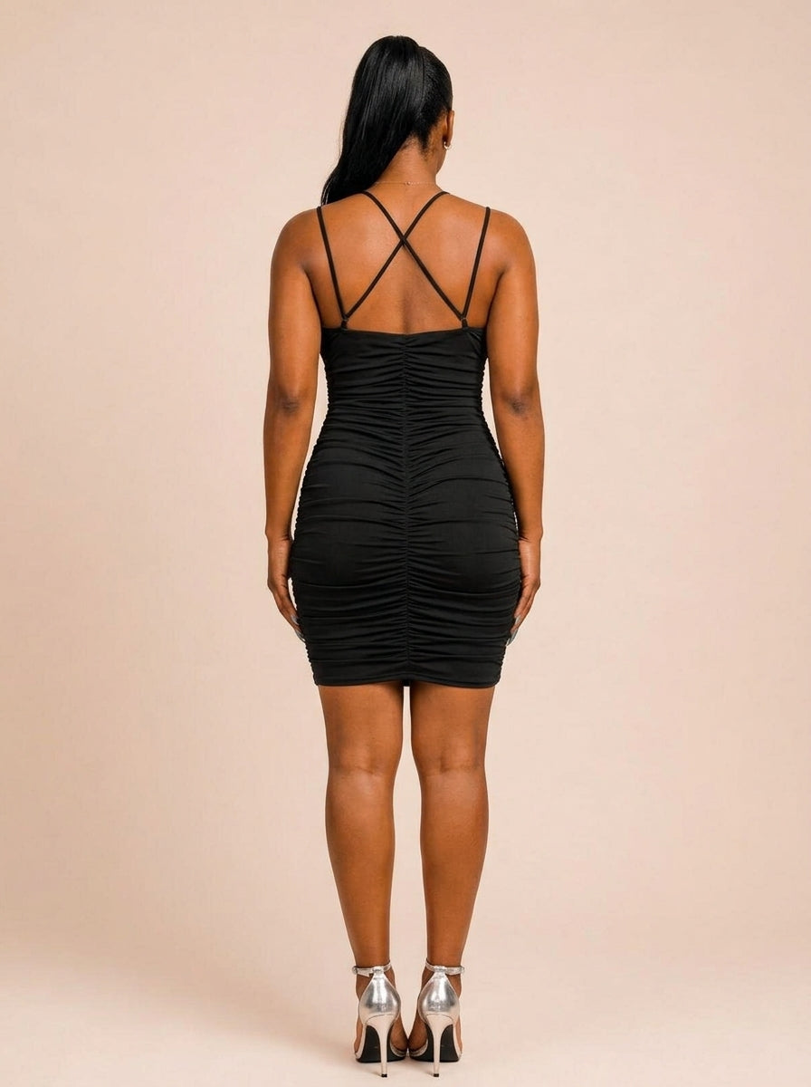 Black Bodycon Cowl Neck Ruched Strappy Mini Homecoming Dress