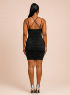 Black Bodycon Cowl Neck Ruched Strappy Mini Homecoming Dress