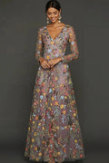 Elegant Boho A-Line Deep V Neck Long Sleeve Floral Tulle Maxi Prom Dress
