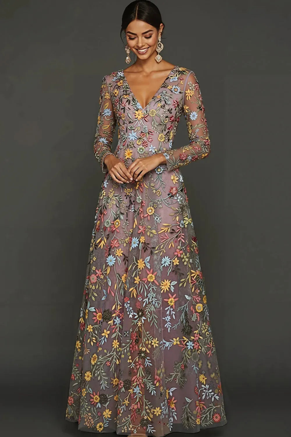 Elegant Boho A-Line Deep V Neck Long Sleeve Floral Tulle Maxi Prom Dress