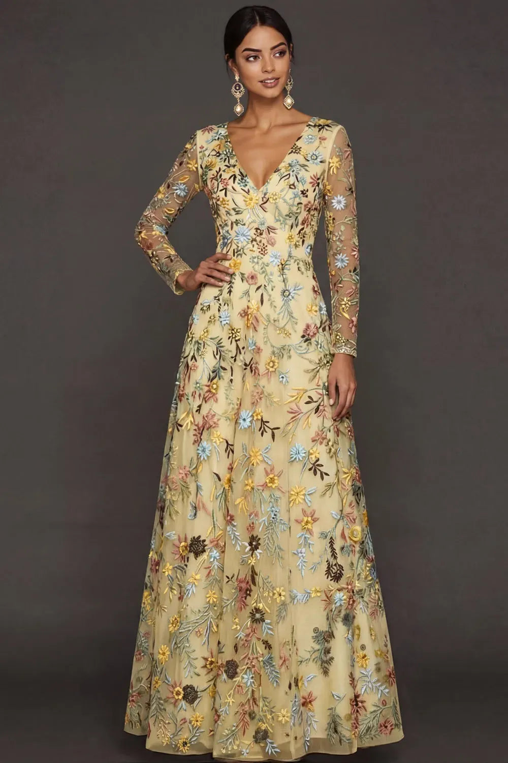 Elegant Boho A-Line Deep V Neck Long Sleeve Floral Tulle Maxi Prom Dress