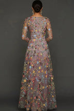 Elegant Boho A-Line Deep V Neck Long Sleeve Floral Tulle Maxi Prom Dress