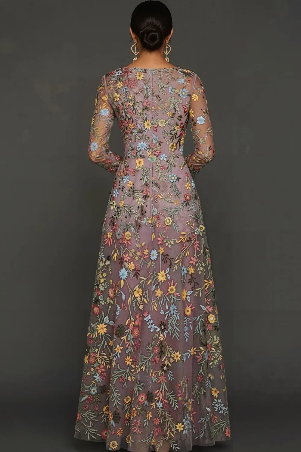Elegant Boho A-Line Deep V Neck Long Sleeve Floral Tulle Maxi Prom Dress