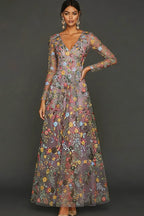 Elegant Boho A-Line Deep V Neck Long Sleeve Floral Tulle Maxi Prom Dress