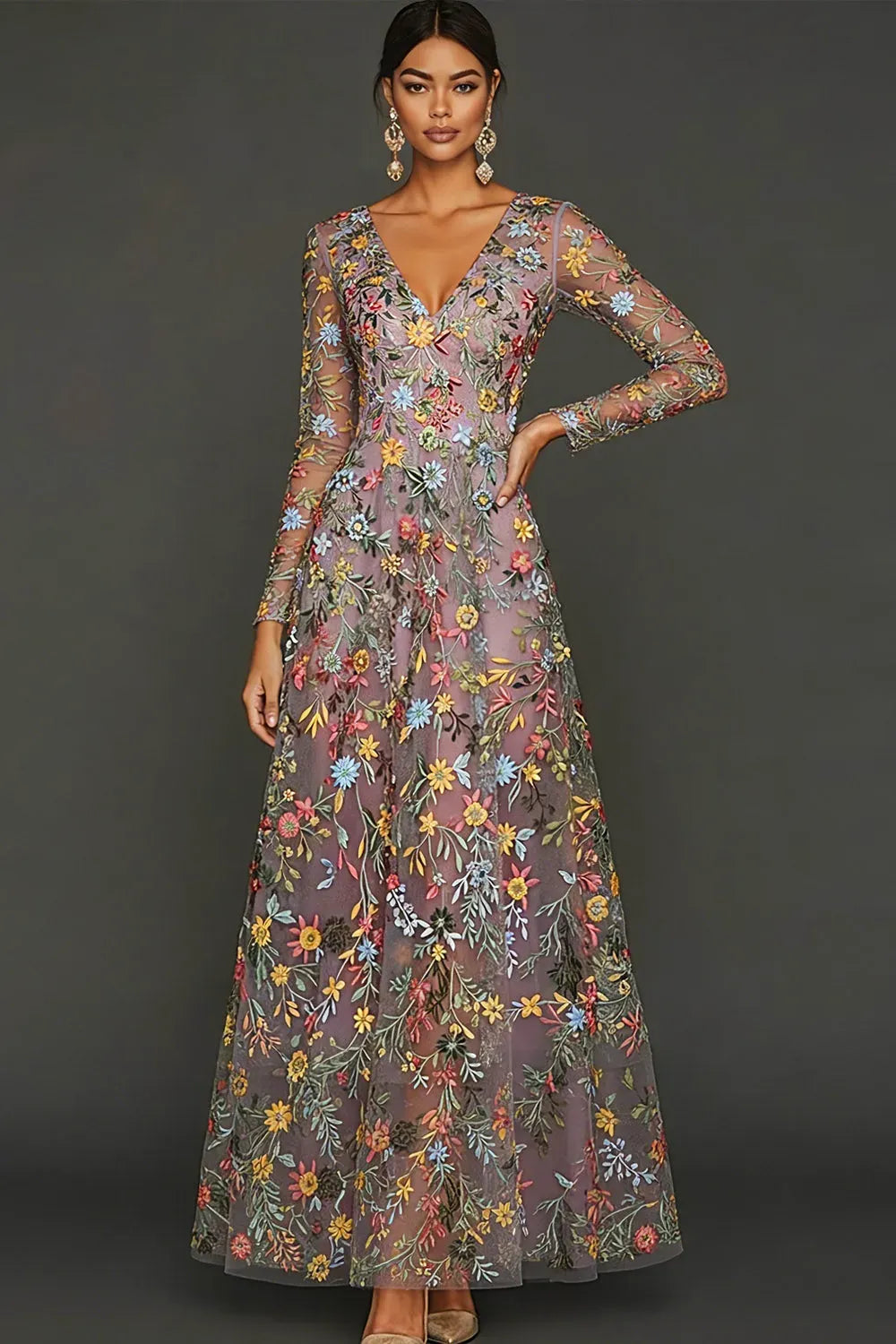 Elegant Boho A-Line Deep V Neck Long Sleeve Floral Tulle Maxi Prom Dress