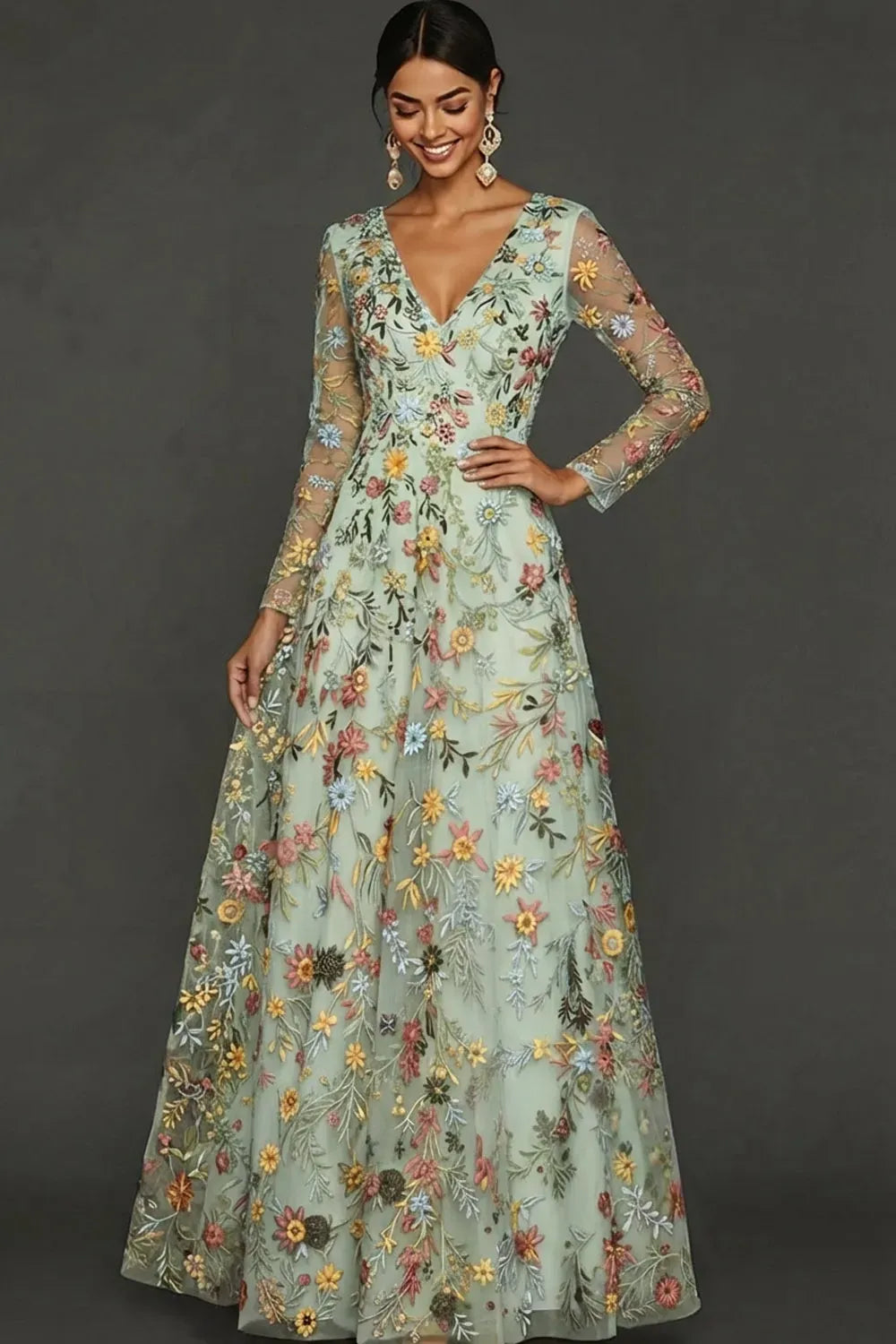 Elegant Boho A-Line Deep V Neck Long Sleeve Floral Tulle Maxi Prom Dress