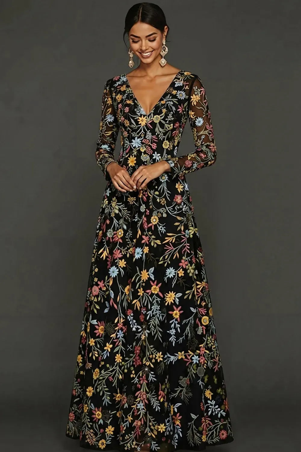 Elegant Boho A-Line Deep V Neck Long Sleeve Floral Tulle Maxi Prom Dress
