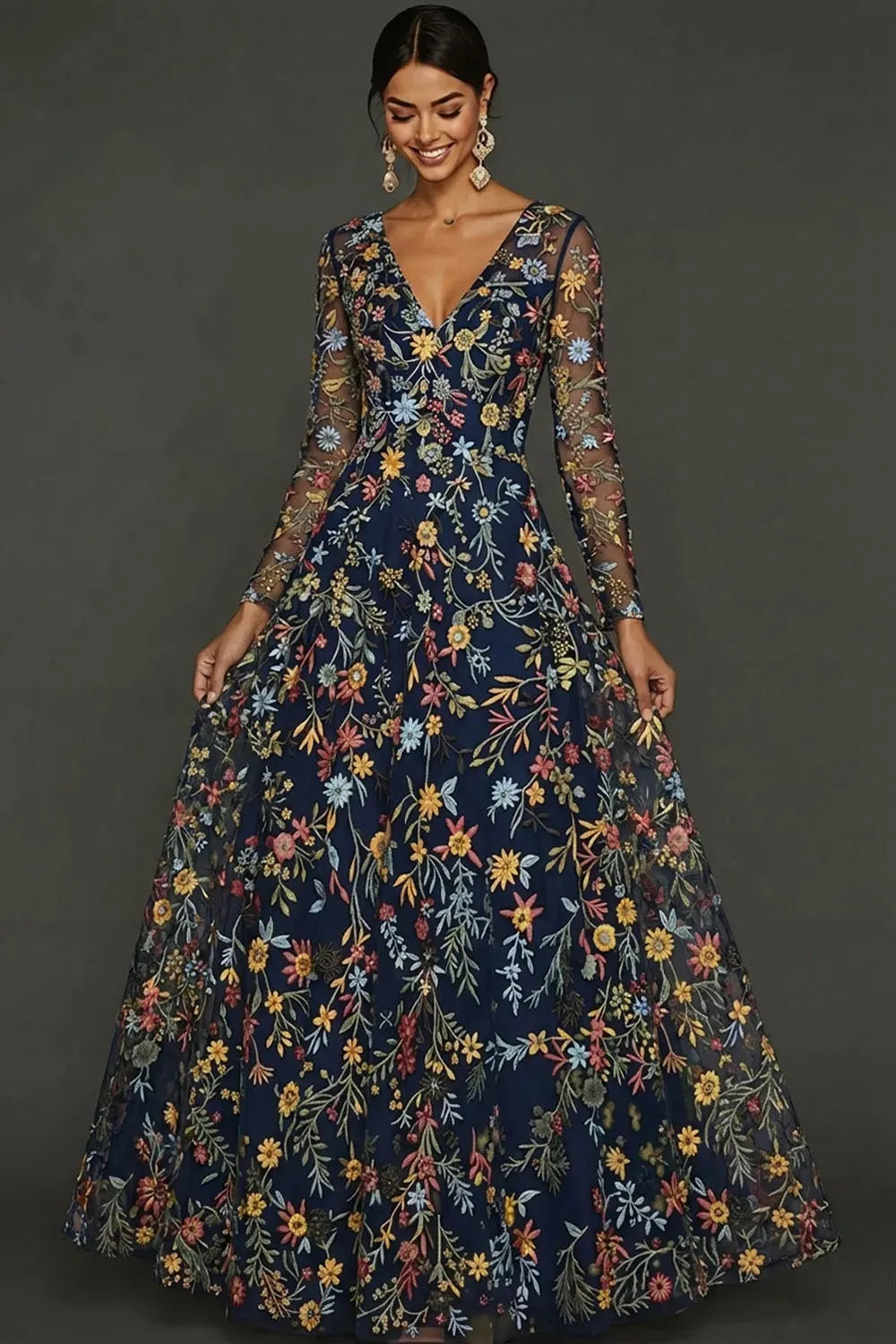 Elegant Boho A-Line Deep V Neck Long Sleeve Floral Tulle Maxi Prom Dress