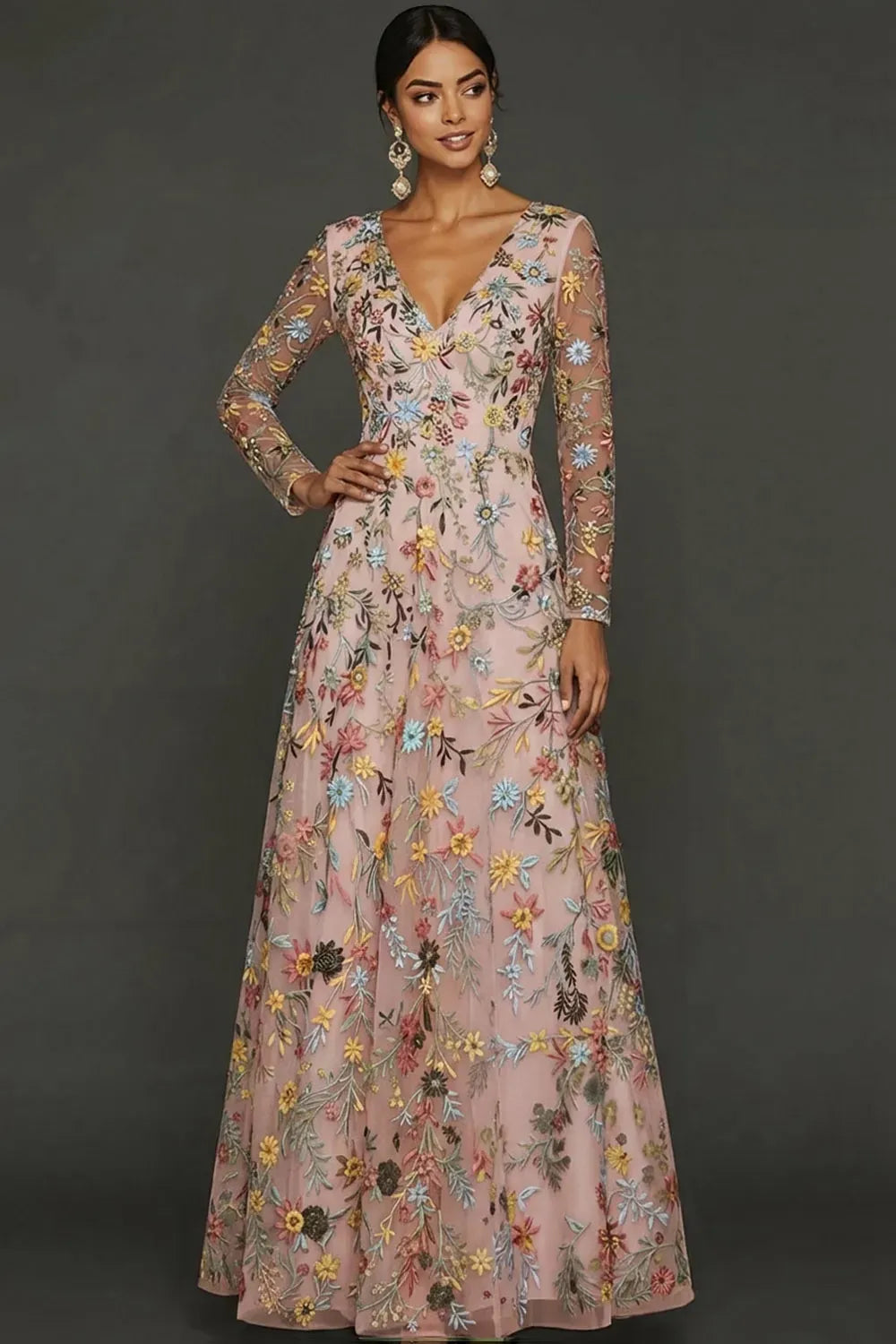 Elegant Boho A-Line Deep V Neck Long Sleeve Floral Tulle Maxi Prom Dress