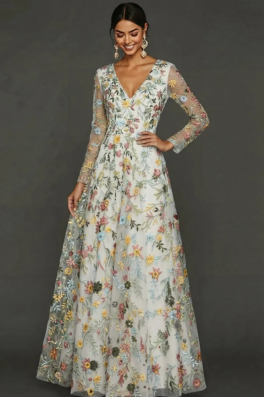 Elegant Boho A-Line Deep V Neck Long Sleeve Floral Tulle Maxi Prom Dress