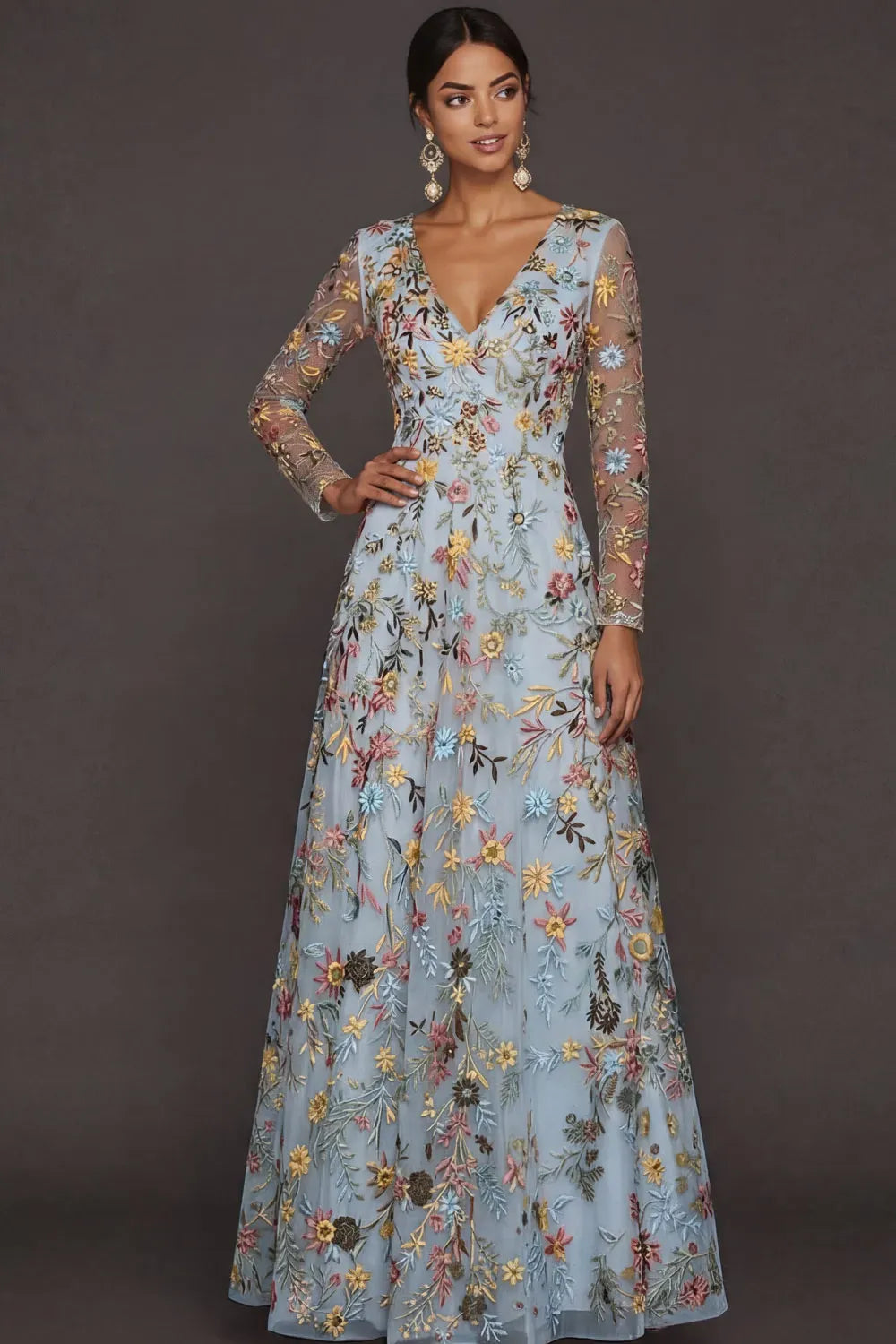 Elegant Boho A-Line Deep V Neck Long Sleeve Floral Tulle Maxi Prom Dress