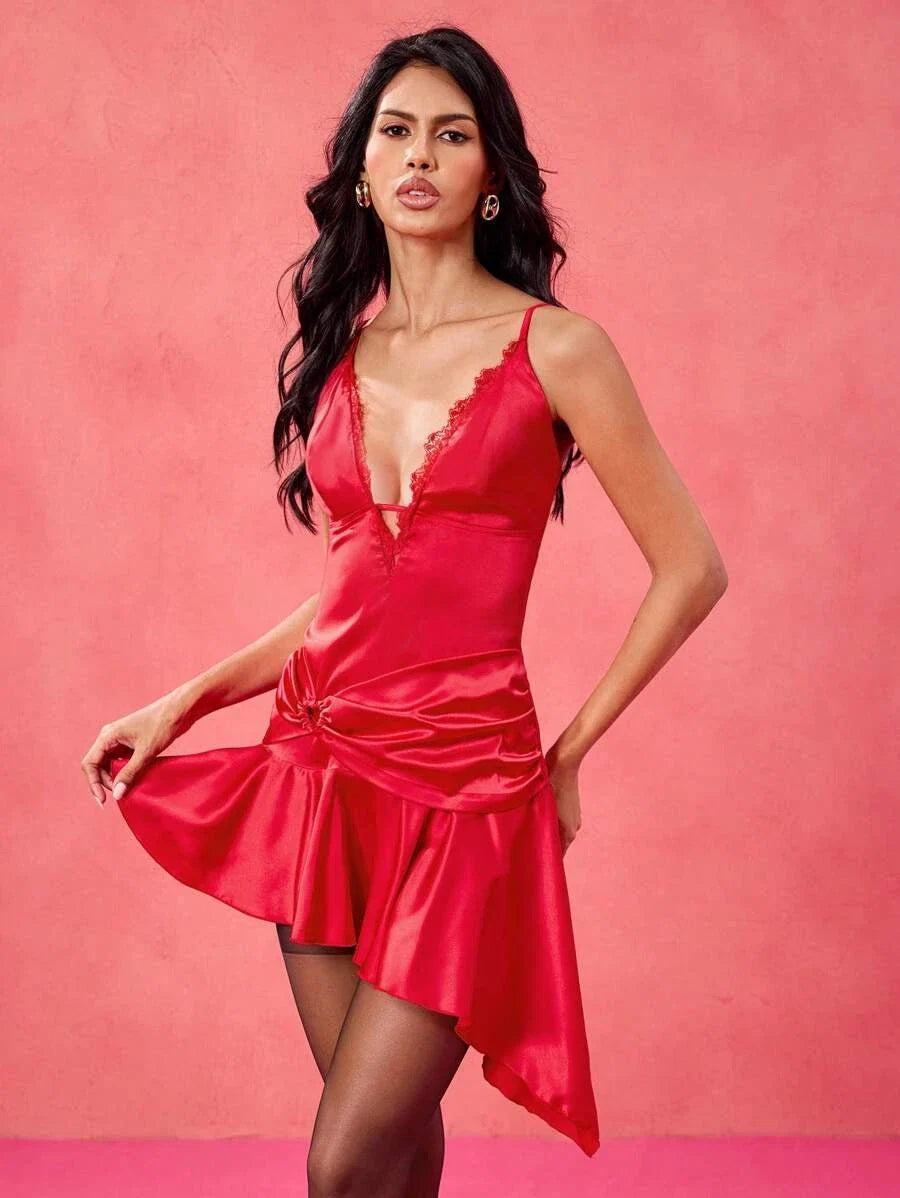 Red Fitted V-Neck Ruched Hem Ruffled Mini Homecoming Dress