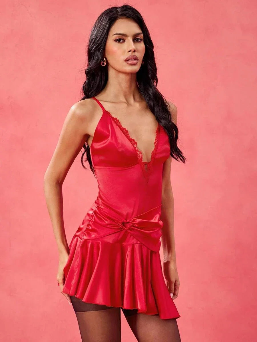 Red Fitted V-Neck Ruched Hem Ruffled Mini Homecoming Dress