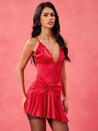 Red Fitted V-Neck Ruched Hem Ruffled Mini Homecoming Dress