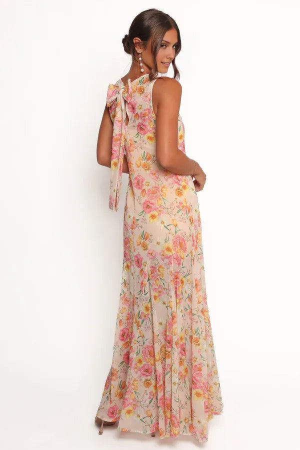 Elegant Mermaid Boat Neck Sleeveless Floral-Print Chiffon Floor-Length Prom Dress