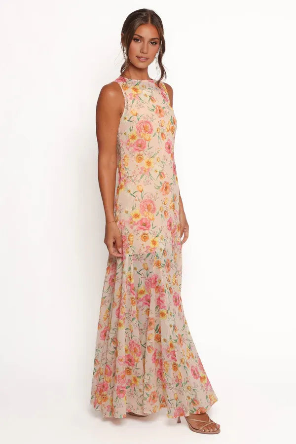 Elegant Mermaid Boat Neck Sleeveless Floral-Print Chiffon Floor-Length Prom Dress