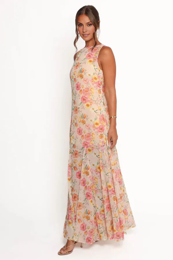 Elegant Mermaid Boat Neck Sleeveless Floral-Print Chiffon Floor-Length Prom Dress