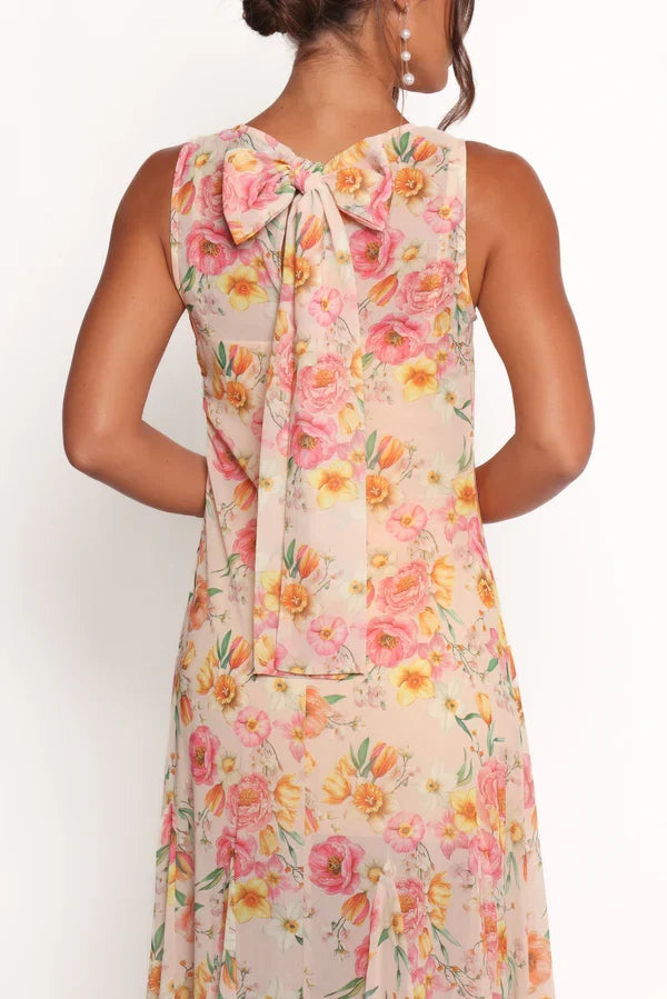 Elegant Mermaid Boat Neck Sleeveless Floral-Print Chiffon Floor-Length Prom Dress