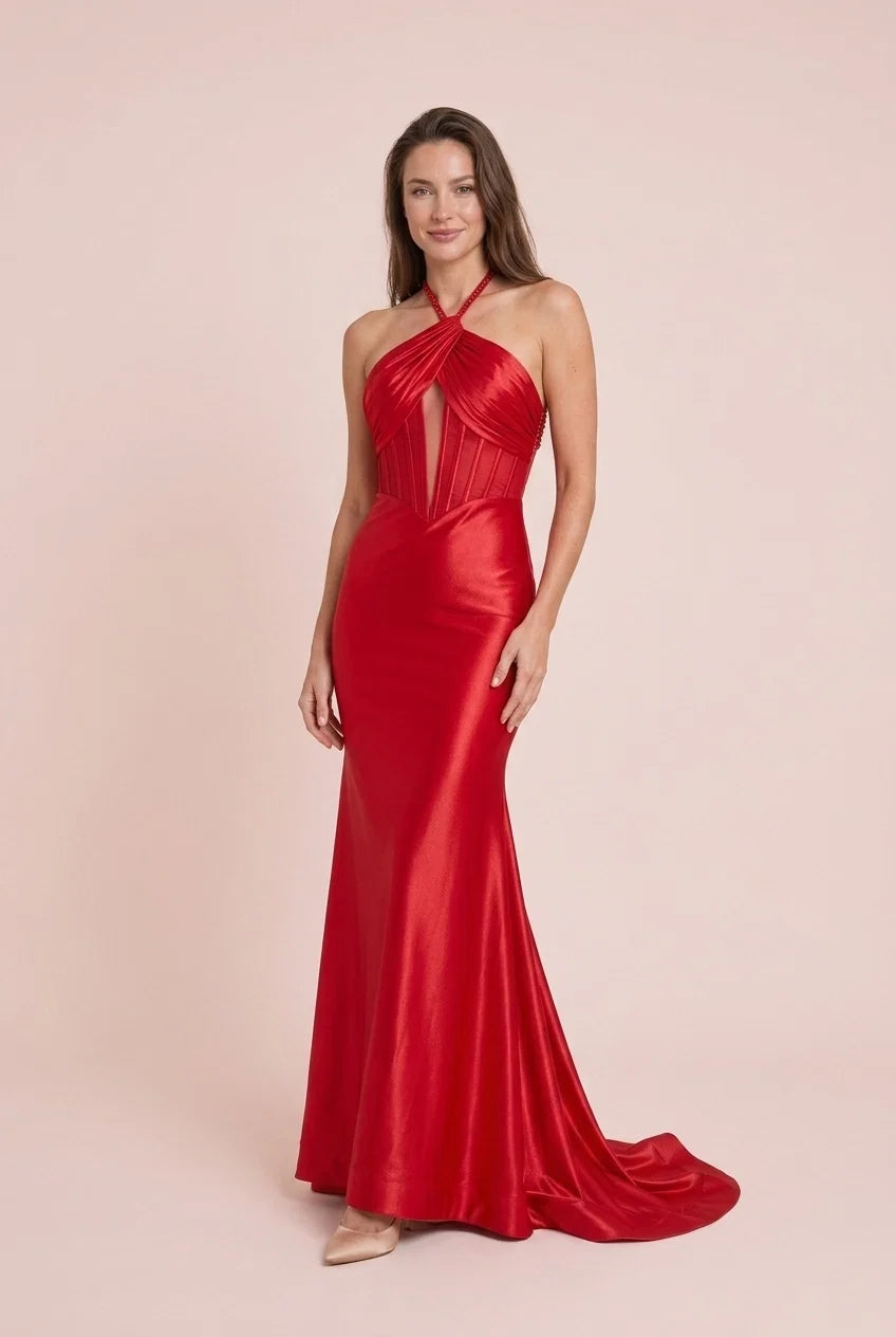 Red Mermaid Halter Plunging Ruched Backless Floor-Length Prom Dress