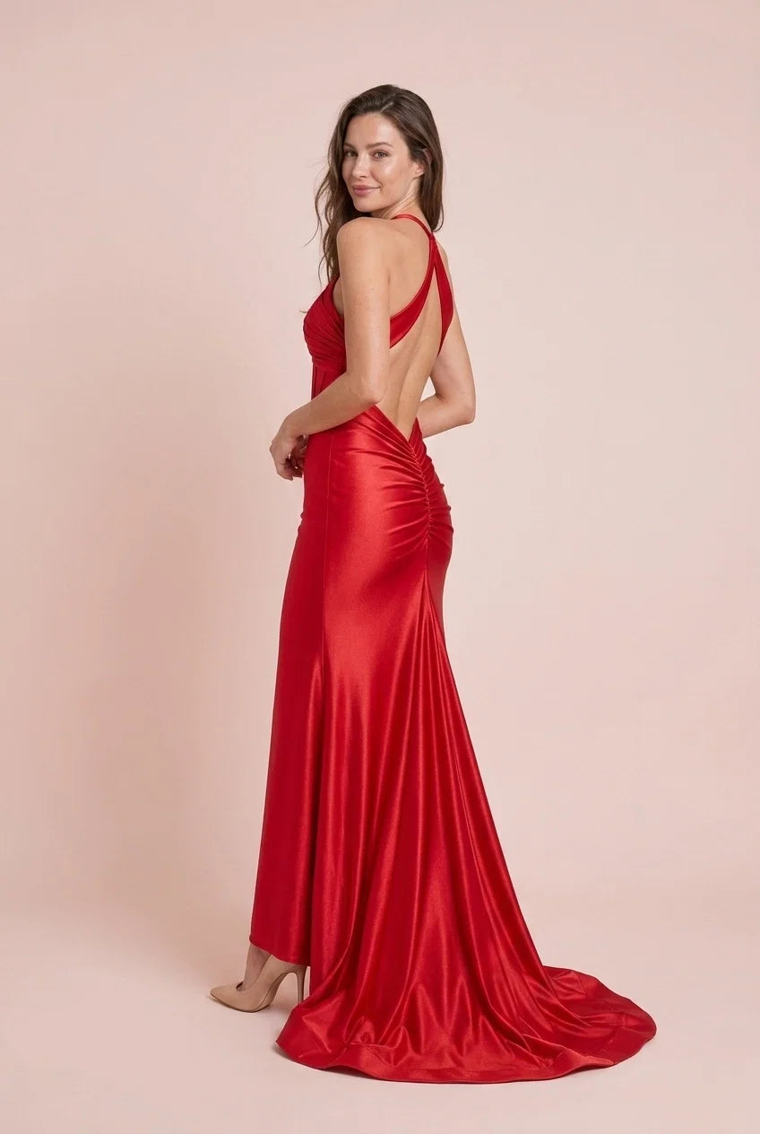 Red Mermaid Halter Plunging Ruched Backless Floor-Length Prom Dress