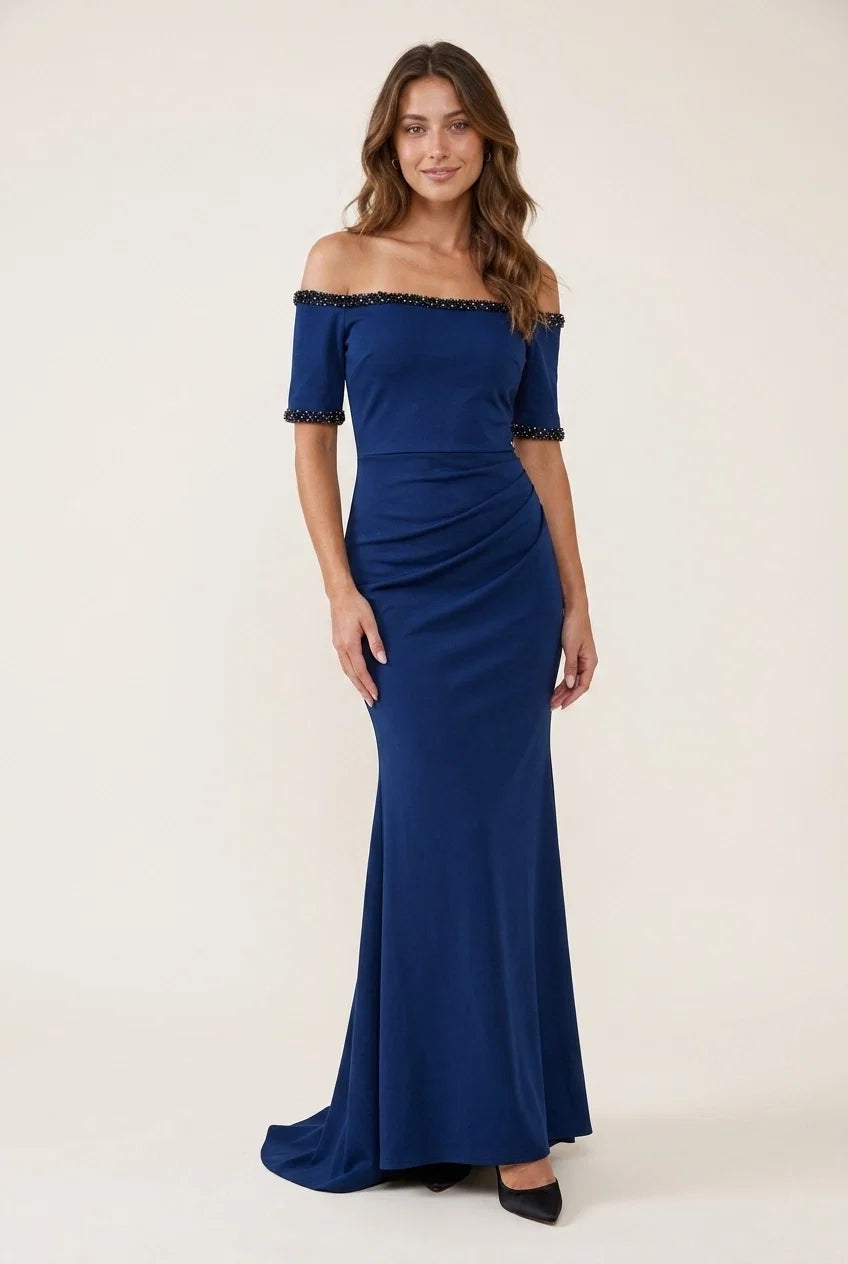 Blue Mermaid Off-Shoulder Short Sleeve Beaded Ruched Royal Floor-Length Prom Dress